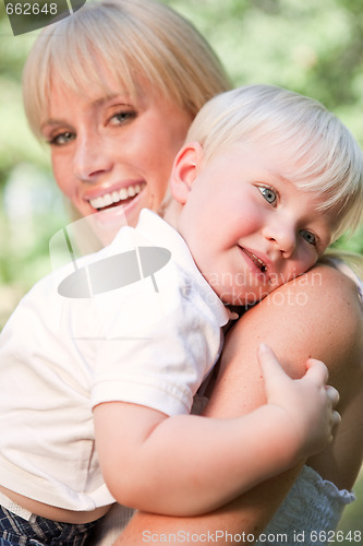 Image of Happy caucasian mother and son