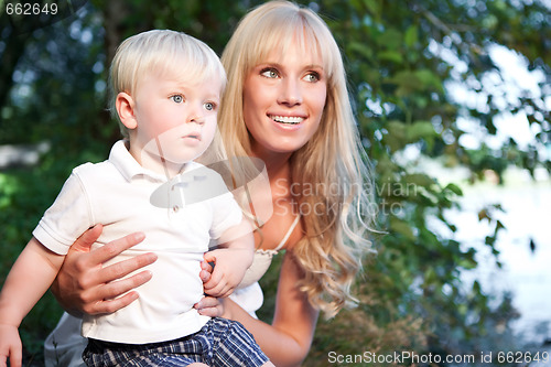 Image of Happy caucasian mother and son
