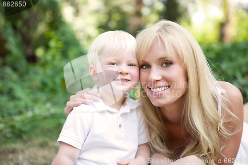 Image of Happy caucasian mother and son