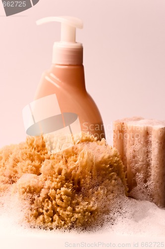 Image of soap, natural sponge and shower gel 