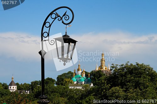 Image of Retro street lantern and golden domes in Kiev, Ukraine 