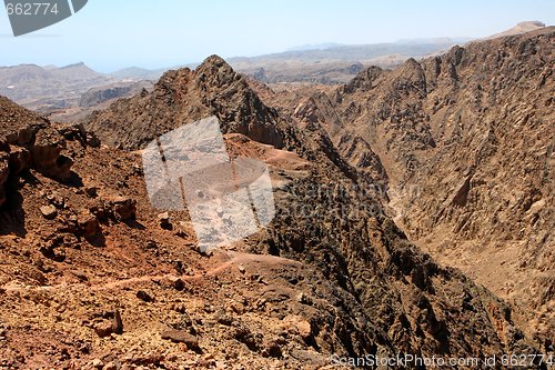 Image of Hiking trail over the gorge in rocky desert near Eilat in Israel