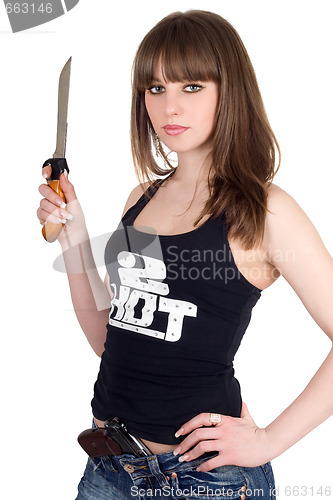 Image of Pretty girl with a pistol and knife