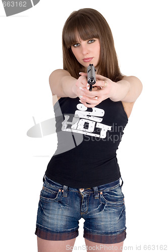 Image of Pretty girl in shorts and a vest with pistol 