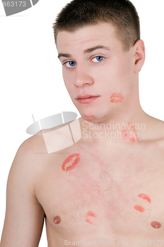 Image of Portrait of the young man in lipstick. Isolated