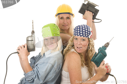 Image of sexy team contractor construction ladies with tools