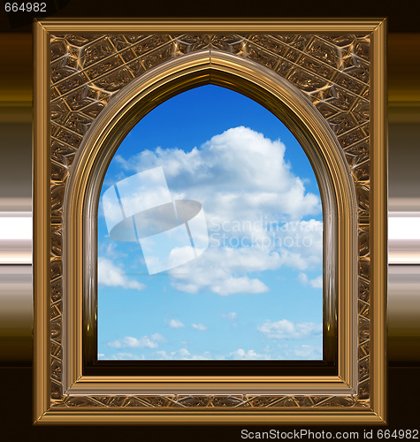 Image of gothic or scifi window with blue sky