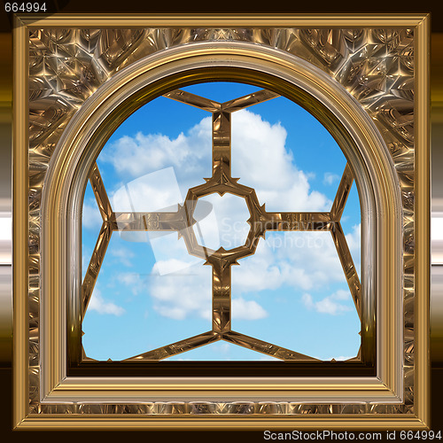 Image of gothic or scifi window with blue sky