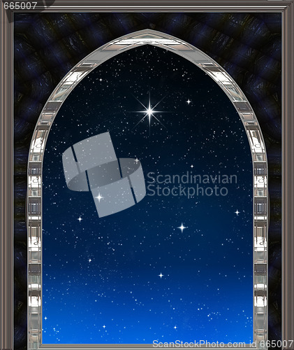Image of window looking out to night sky with wishing star