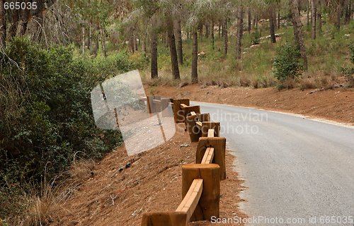 Image of Road in the forest with wooden guardrail in perspective