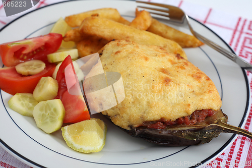 Image of Aubergines with meat bechamel and salad