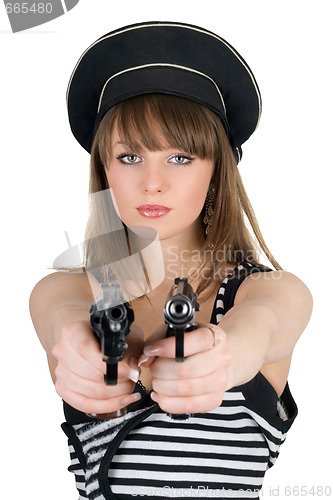 Image of Portrait of the beautiful sailor with pistols