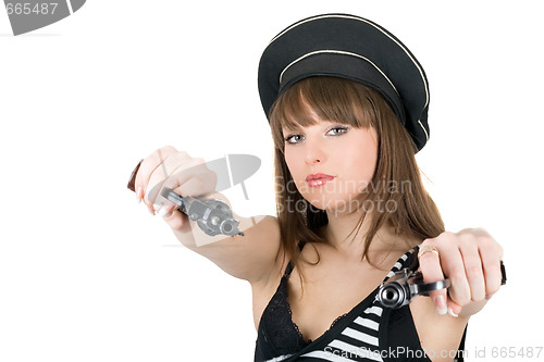 Image of Portrait of the pretty sailor with pistols. Isolated