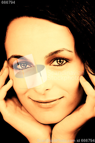 Image of Woman with awful eyes. Sepia style