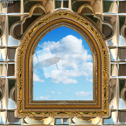 Image of gothic or scifi window with blue sky