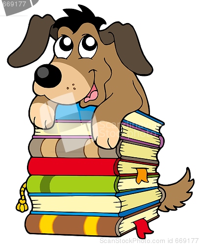 Image of Cute dog on pile of books