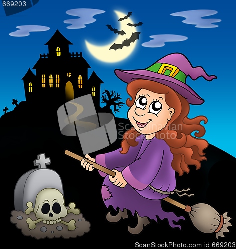 Image of Cute witch on broom with mansion