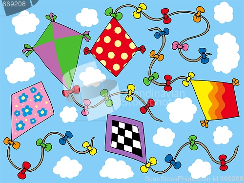 Image of Various kites flying on sky