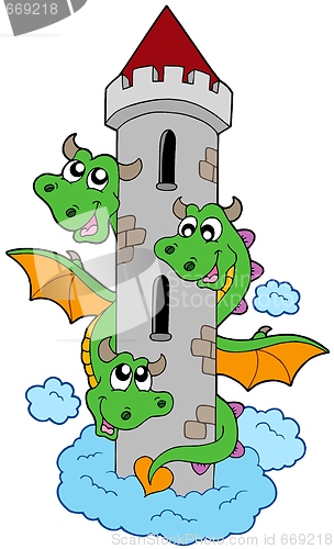 Image of Three headed dragon with tower