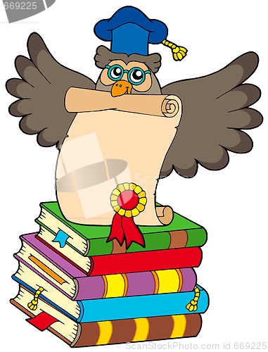 Image of Wise owl with diploma and books