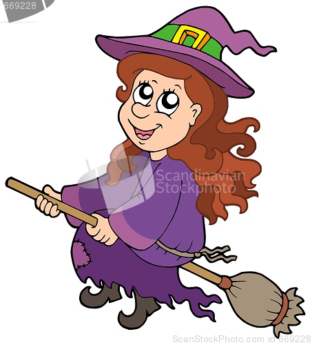 Image of Cute witch flying on broom