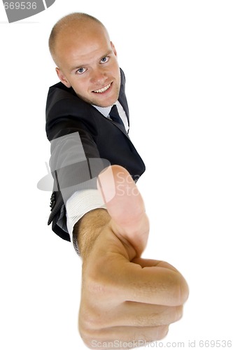 Image of businessman showing success with thumb up