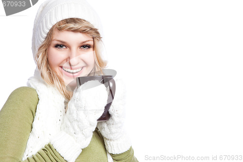 Image of Beautiful woman holding coffee cup