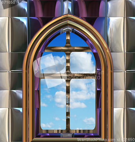 Image of gothic or scifi window with blue sky
