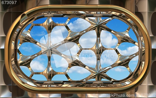 Image of gothic or scifi window with blue sky