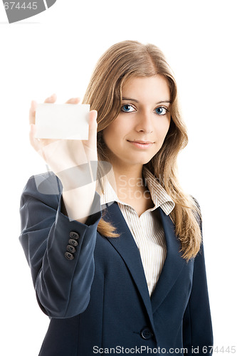 Image of Beautiful woman holding a business card