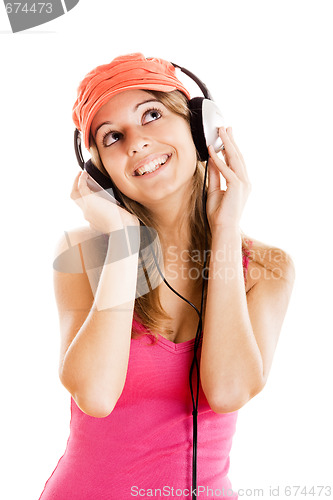 Image of Young woman listen music