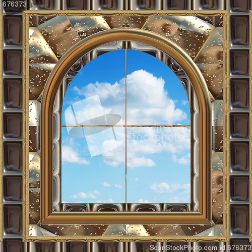 Image of gothic or scifi window with blue sky
