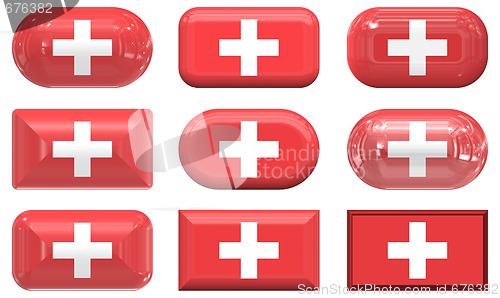 Image of nine glass buttons of the Flag of Switzerland