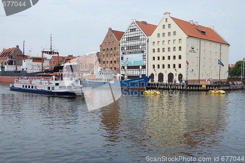 Image of Europe, Poland, Pomerania, Gdansk. Town view from Stara Motlawa River, morning