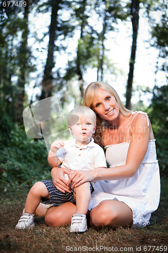 Image of Happy caucasian mother and son