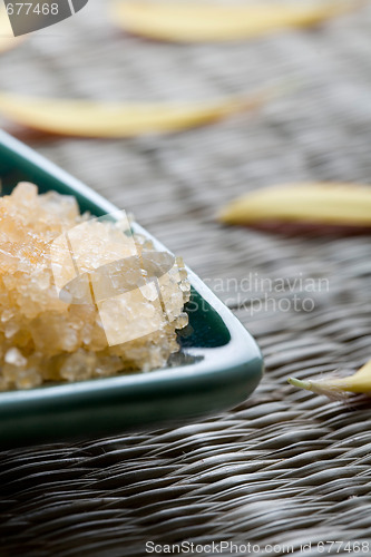 Image of Bath salts in blue dish.