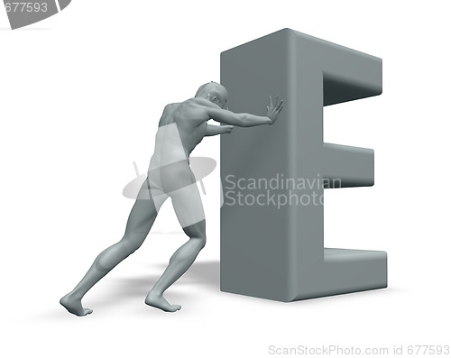 Image of man pushes uppercase letter E