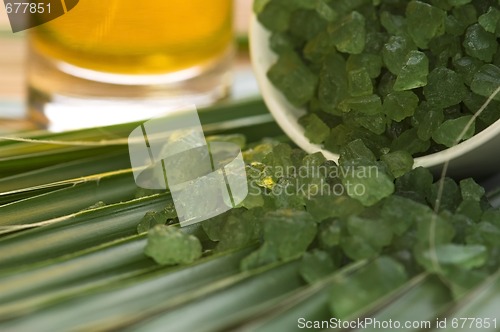 Image of bath salt and palm leaf