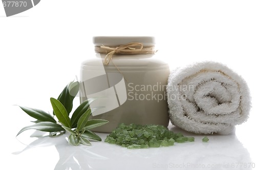 Image of fresh olive branch and bath salt. spa