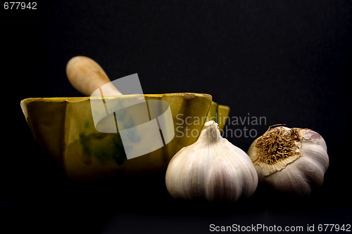 Image of Mortar with garlic.