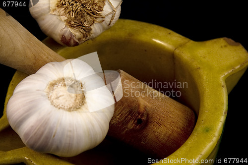 Image of Mortar with garlic.