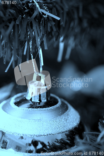 Image of Christmas ornaments on tree.