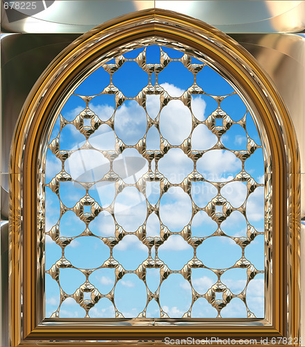 Image of gothic or scifi window with blue sky