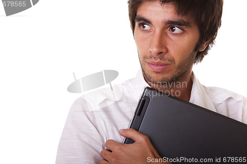Image of man holding a laptop