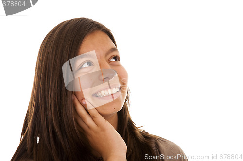 Image of beautiful woman looking to the copyspace