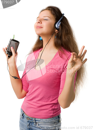 Image of beautiful girl listens music