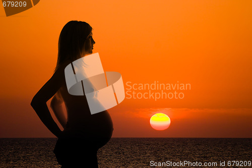 Image of pregnant woman silhouette on sea sunset