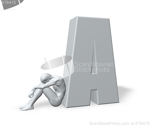 Image of sitting man leans on uppercase letter A