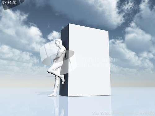 Image of man leans on white box