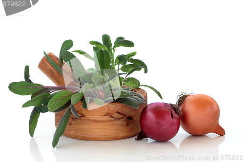 Image of Sage Herb Leaves and Onions